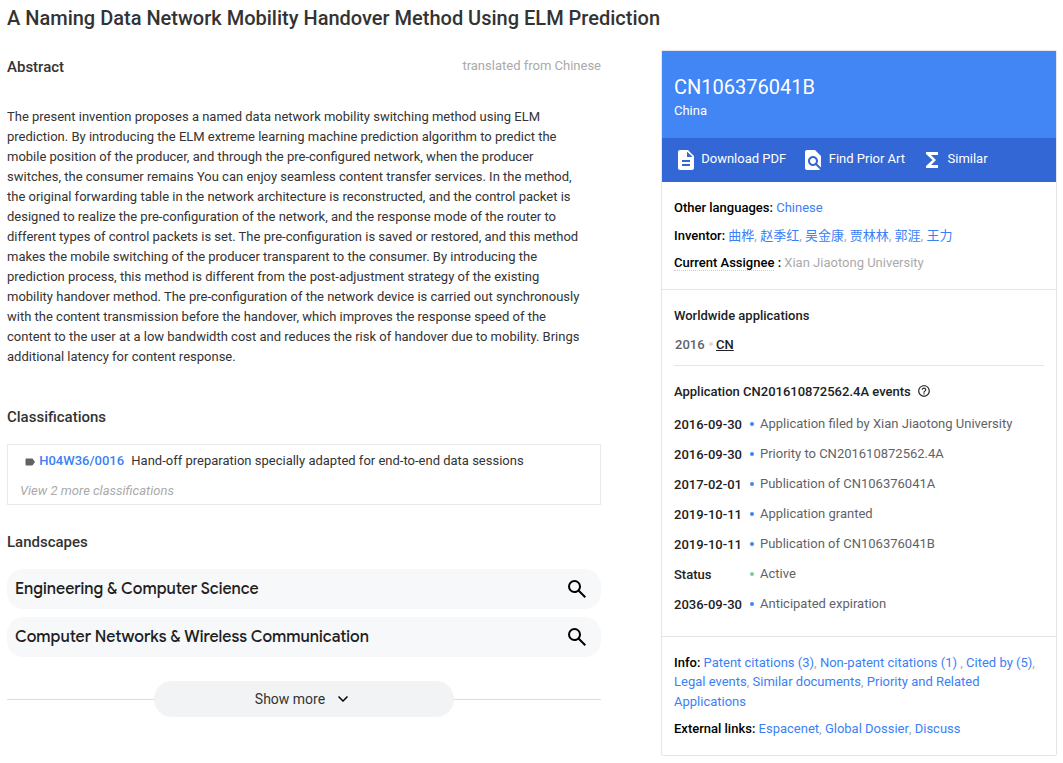 Google Patents page for China patent CN106376041B on SDN mobility prediction using ELM